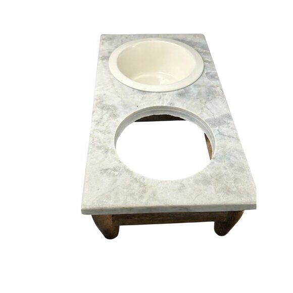 Elevated Pet Feeder x 2 Enamel Bowl Set Oak Hard Wood Base Marble Top Dog Cat - Picture 5 of 14
